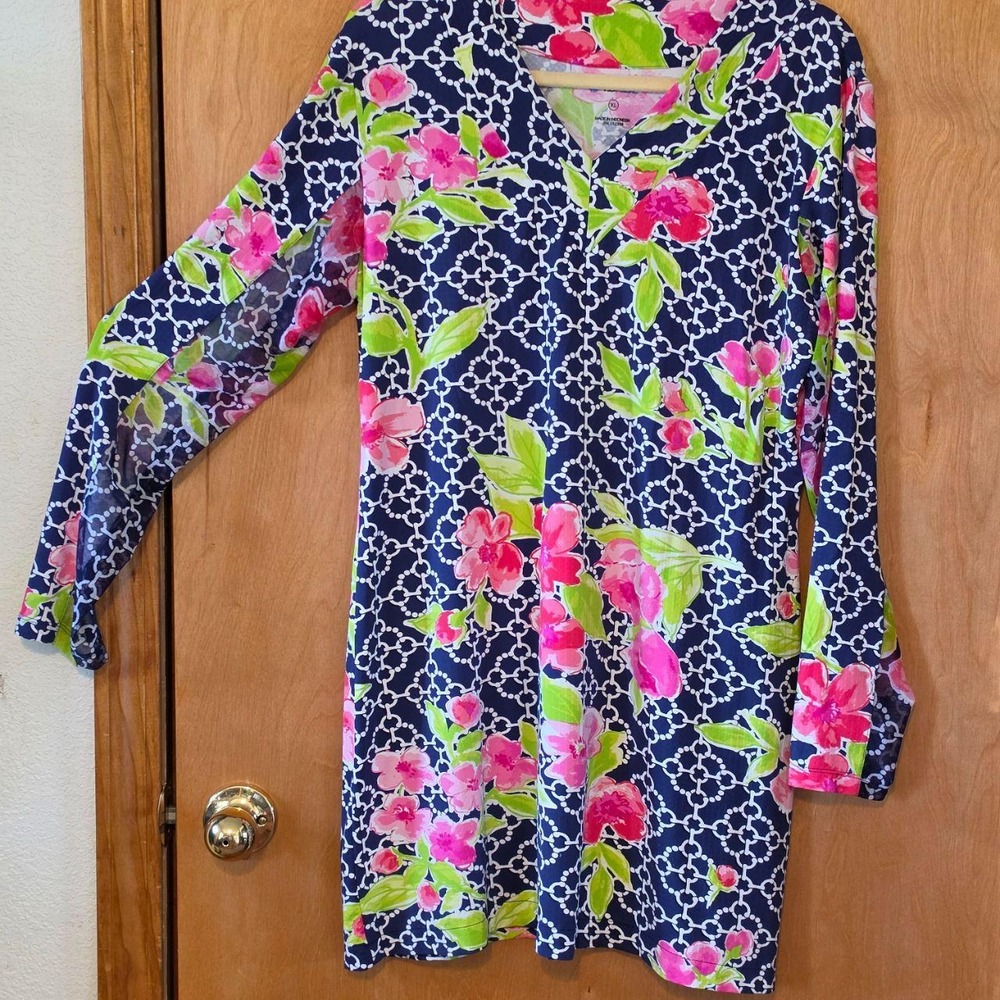 IBKUL Womens XL Golf Tennis Dress IceFil Navy Pink Floral Long Sleeve UPF 50+ - Picture 2 of 5
